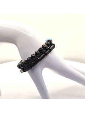 Handmade Stretch Beaded Bracelet With Black Wood & Blue Accent Beads Unisex Jewe